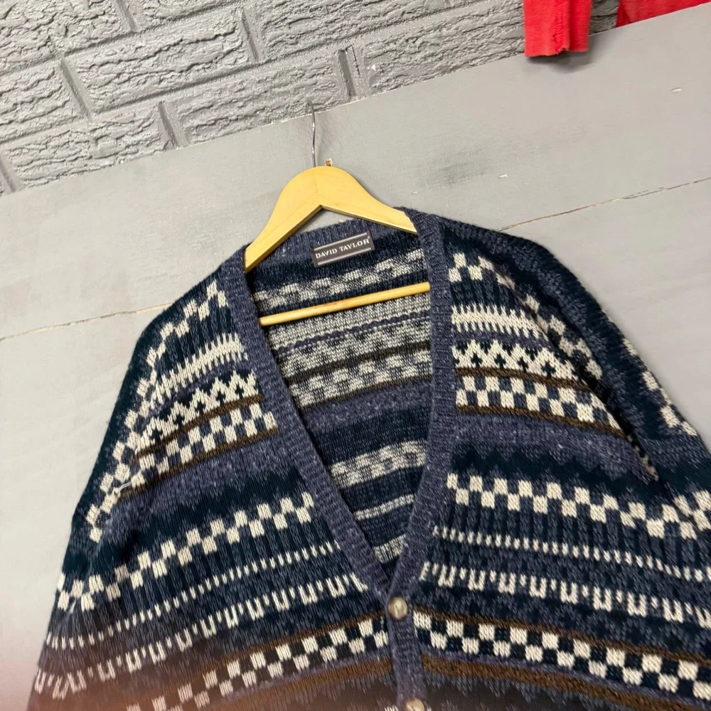 David Taylor Mens Navy Blue Fair Isle Geometric Button Front‎ Cardigan Sweater